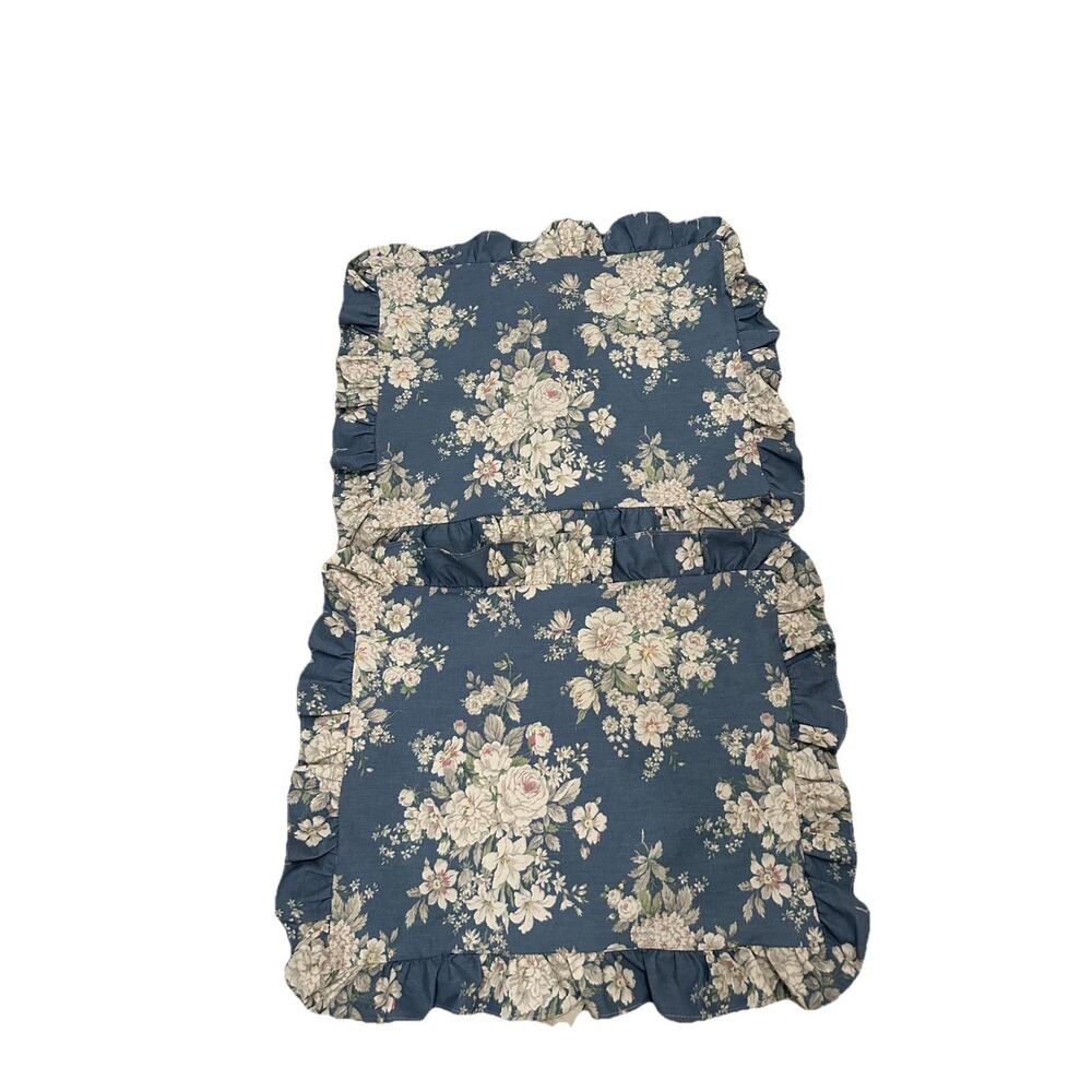 Vintage Martex Blue Beige Floral Ruffled Shabby Chic Cottage Stand Pillow Shams - Picture 8 of 10